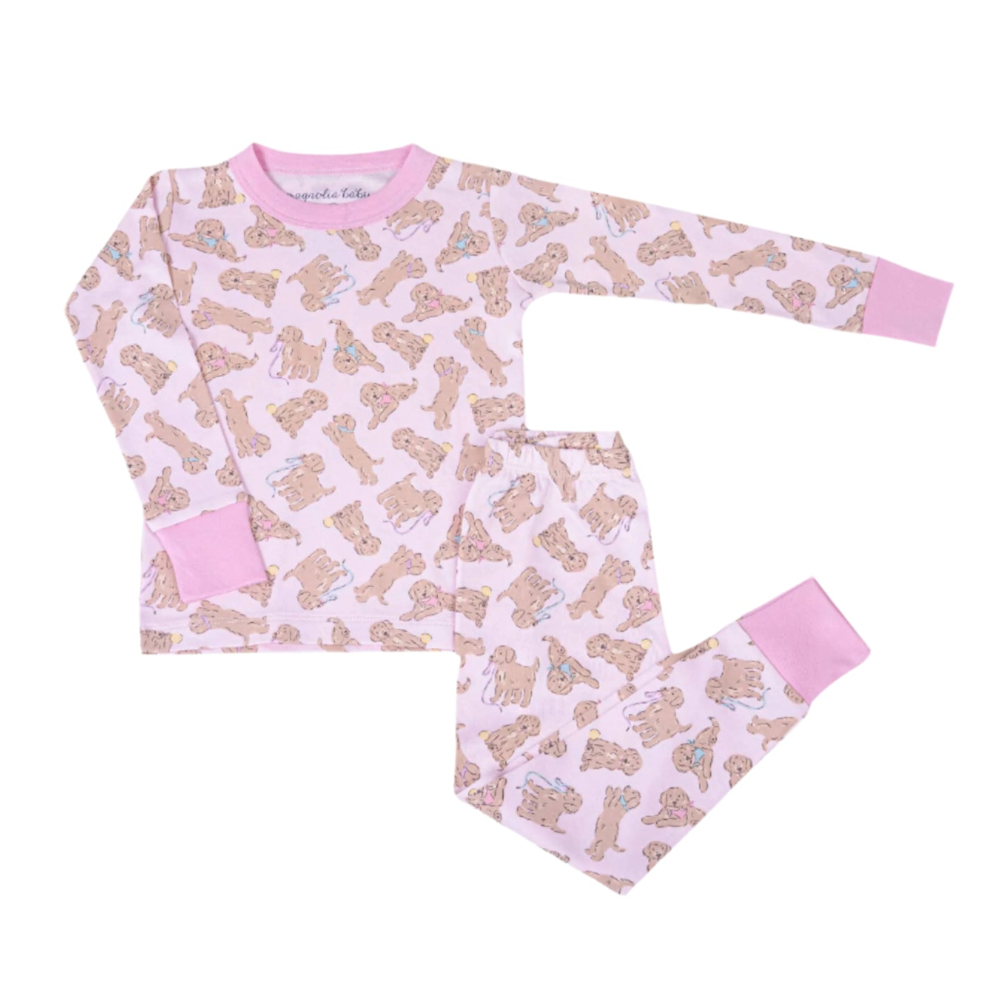 Children's pajama set with dog pattern on a white background