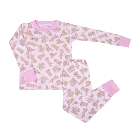Children's girls pajama set with golden retriever dog pattern in pink