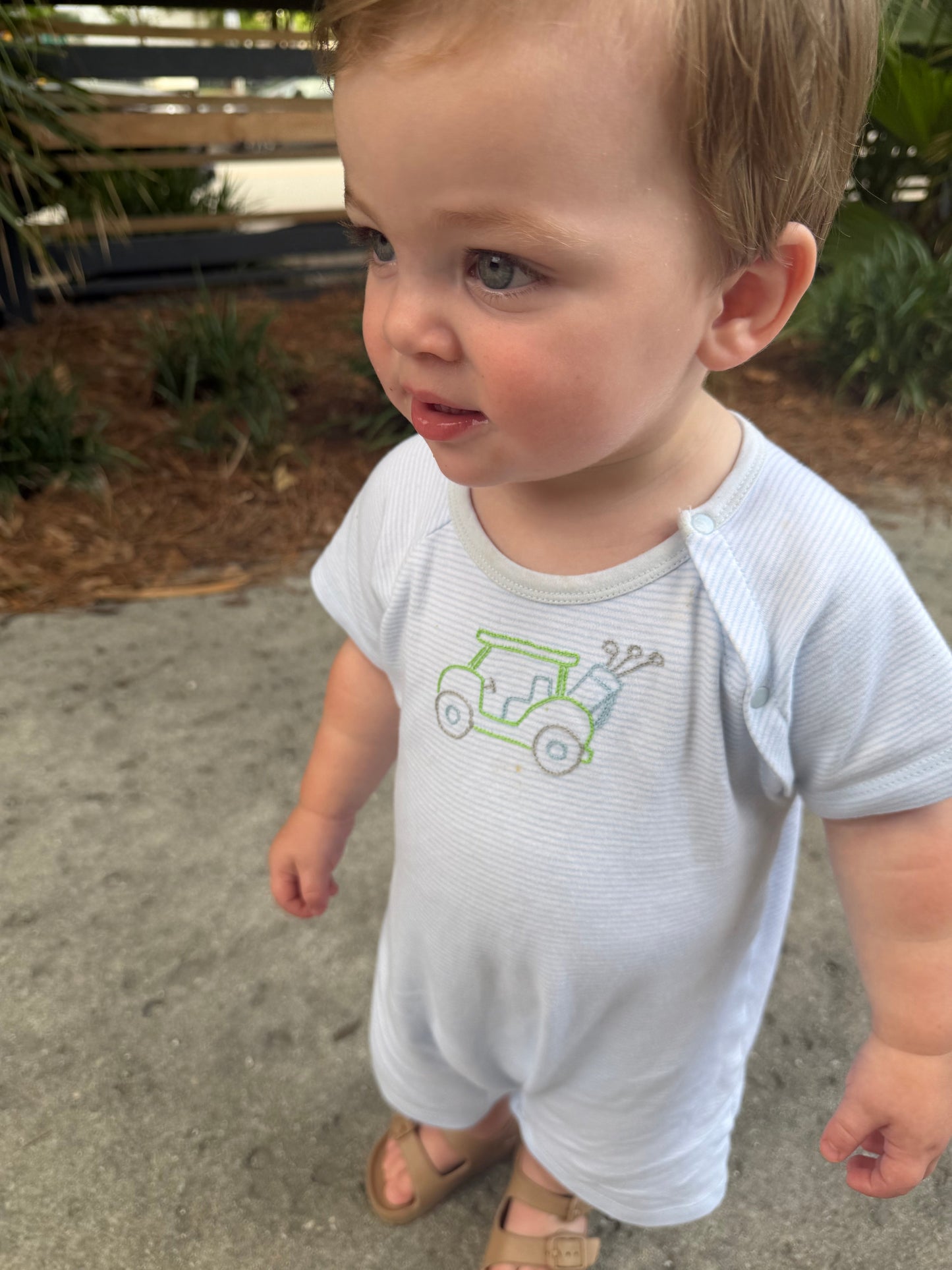 Blue Stripe Golf Romper Petit Ami & Zubels