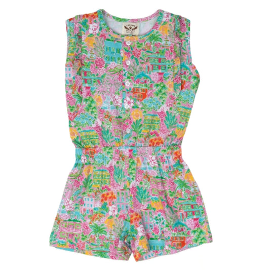 Colorful charleston downtown patterned romper on a white background