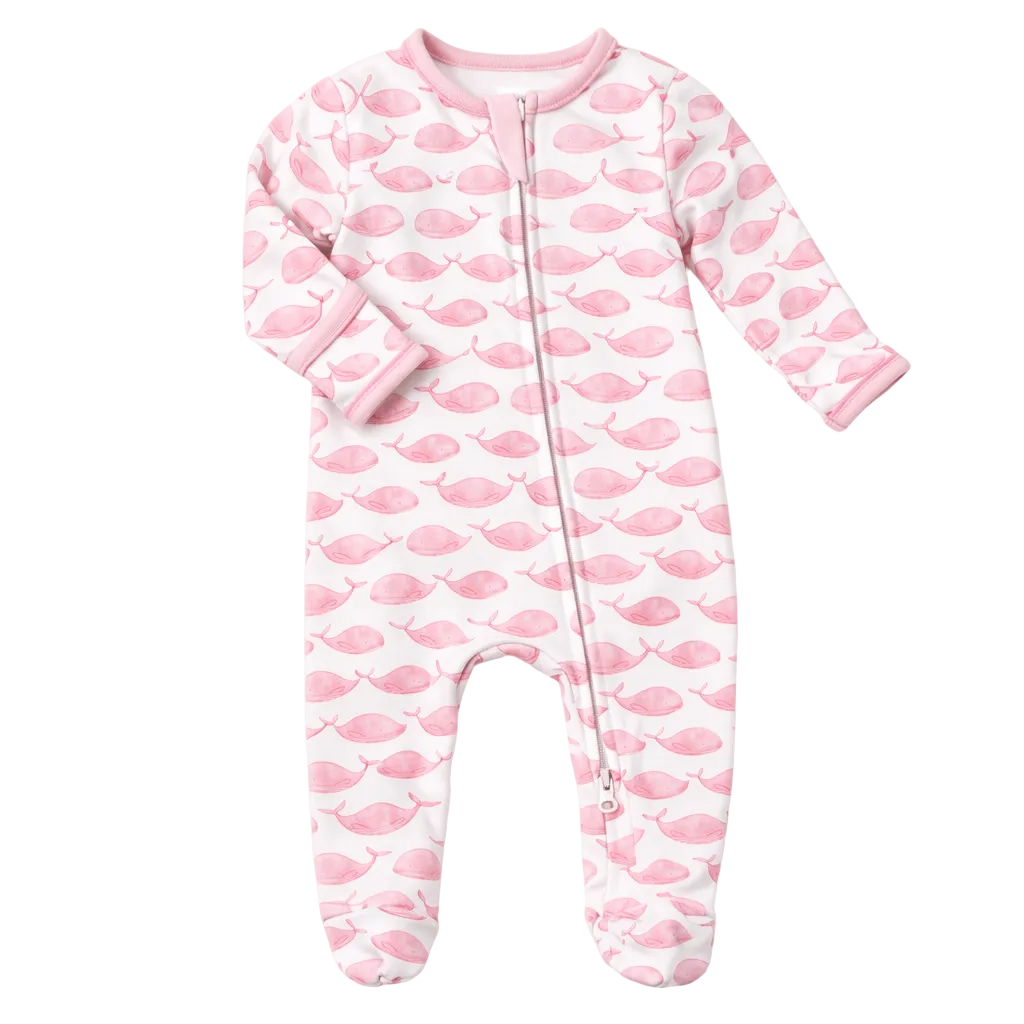 Azure Whales Print Zip Footie - Pink Magnolia Baby