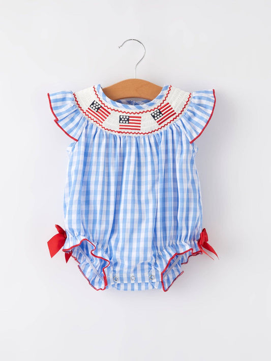 4th of july Flag Embroidery Smocking Girls Romper Rylee Faith Designs