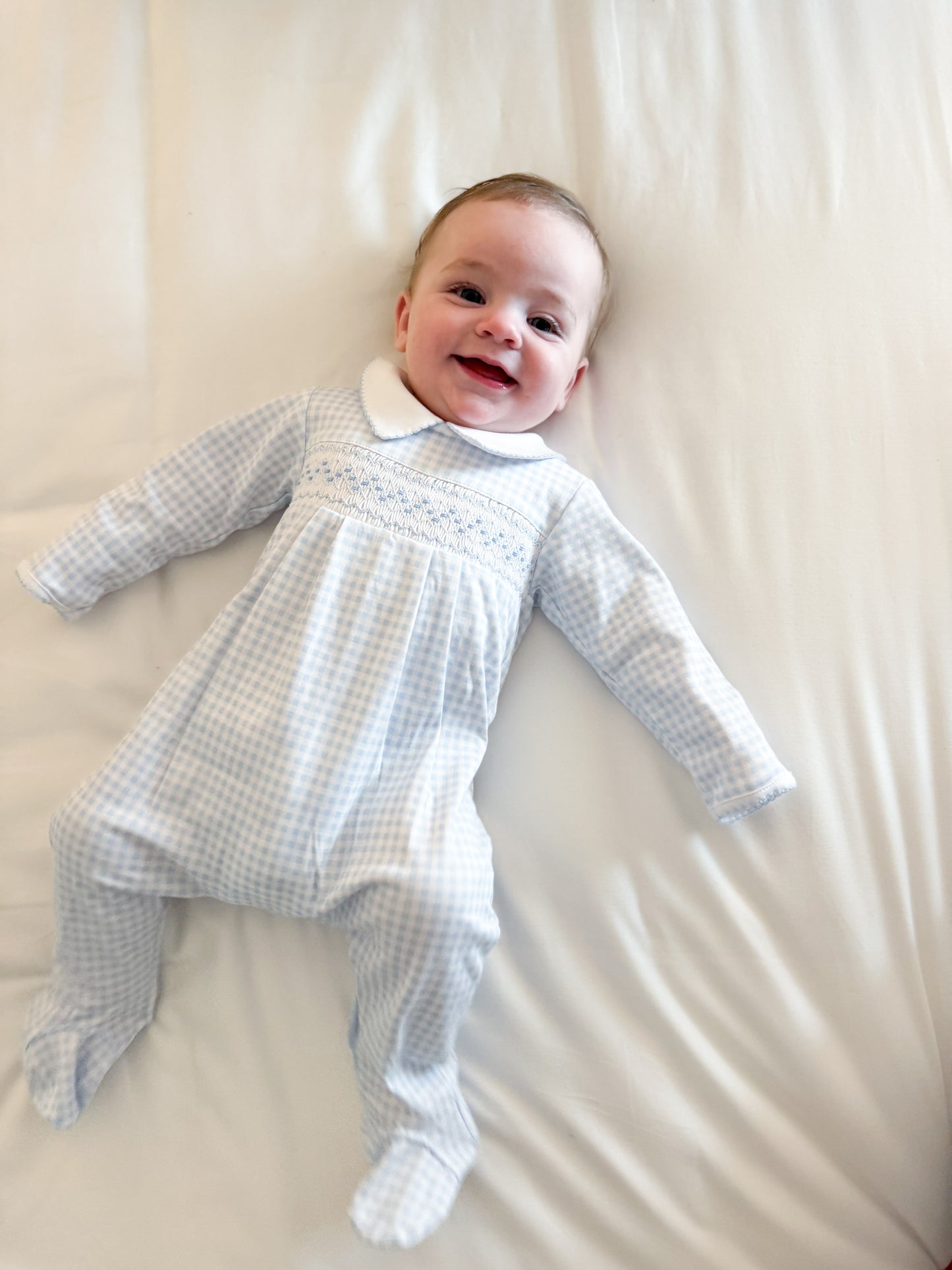 Blue Mini Checks Smocked Collared Footie