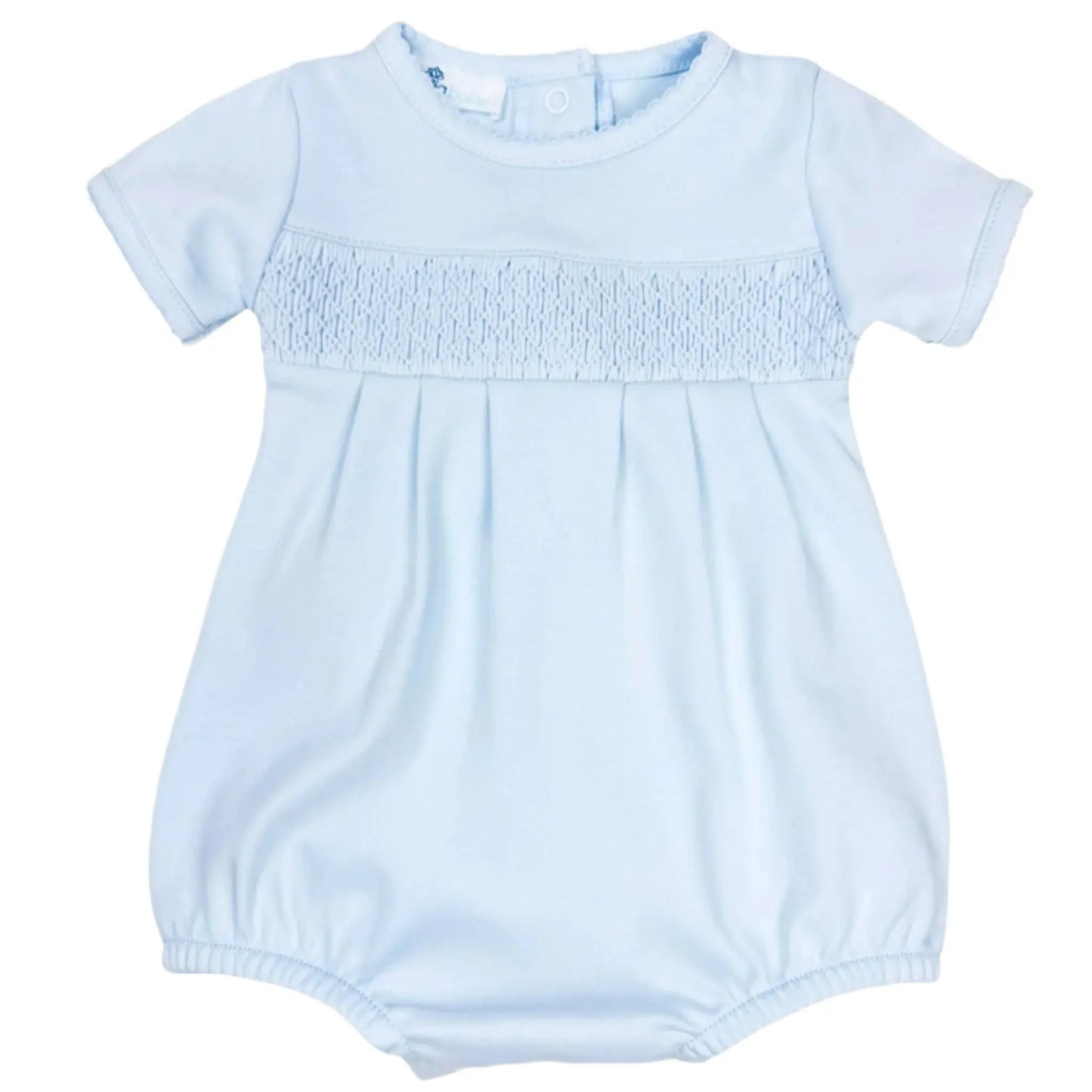 Light blue baby romper with smocked neckline on a white background
