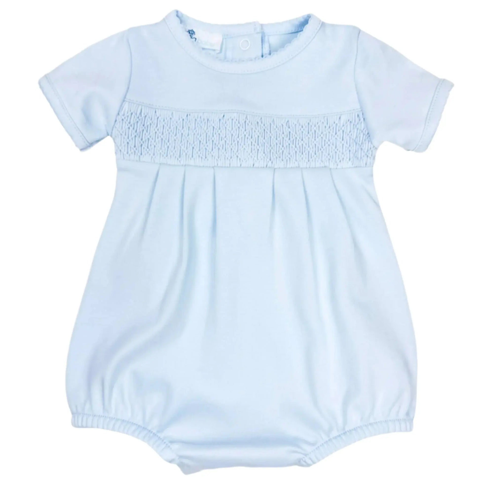 Light blue baby romper with smocked neckline on a white background