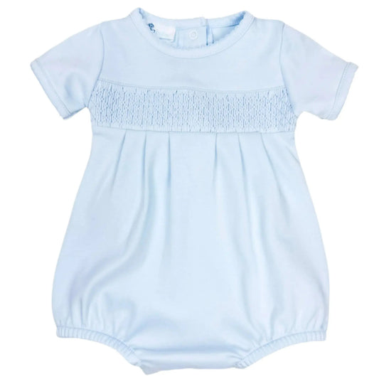 Light blue baby romper with smocked neckline on a white background