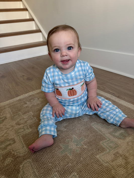 Boys Pumpkin Blue Plaid Romper Lowcountry Littlewear