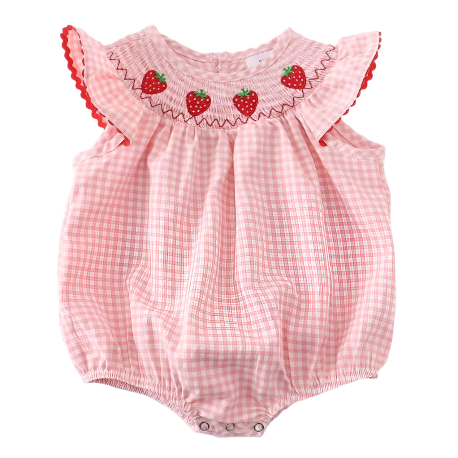 Pink gingham baby romper with strawberry details on a white background