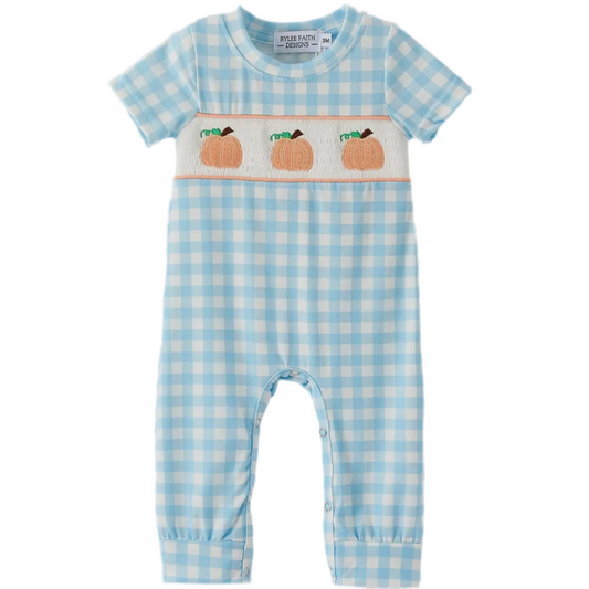 Blue checkered baby romper with pumpkin design on a white background