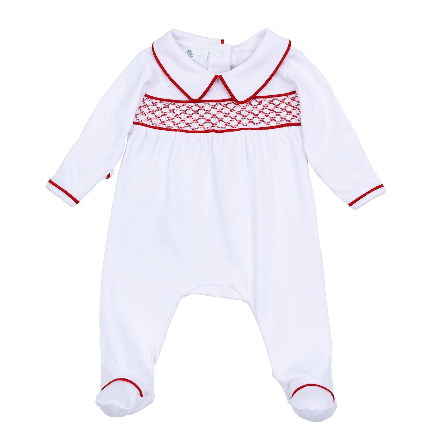 Red and White Essentials Smocked Boy Footie Magnolia Baby. Baby boy Christmas outfit.