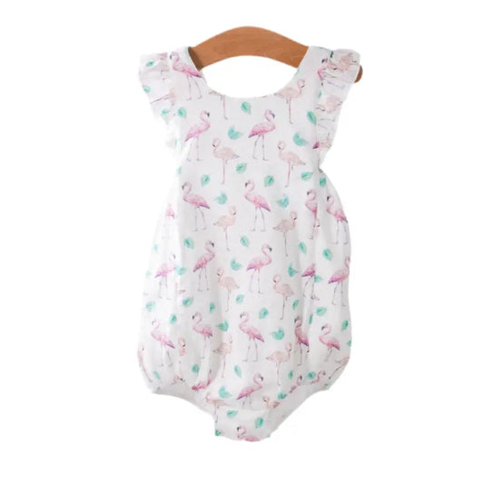Baby romper with flamingo pattern on a white background