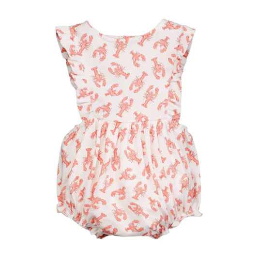 White romper with red lobster pattern on a black background