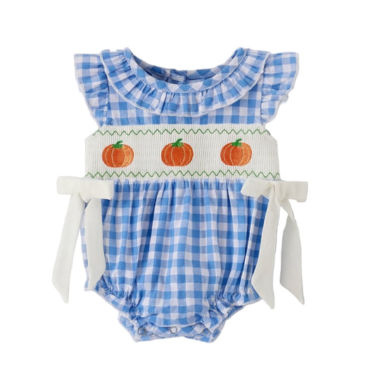 Blue Pumpkin Smock Embroidery Baby Girl Romper Lowcountry Littlewear