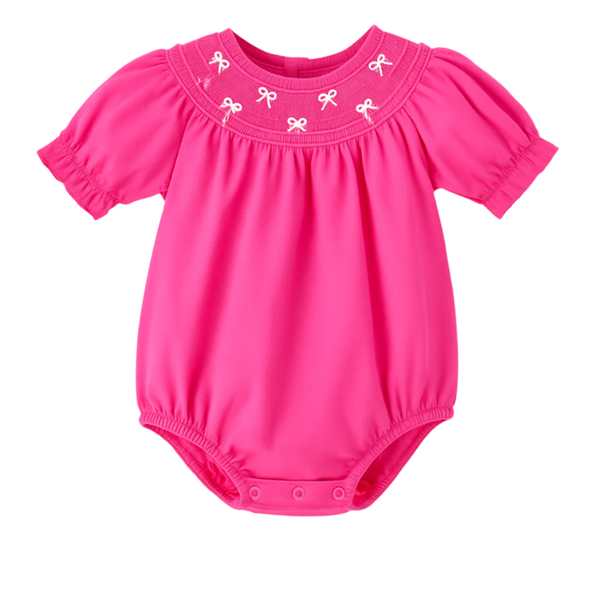 Pink baby romper with bow details on a white background