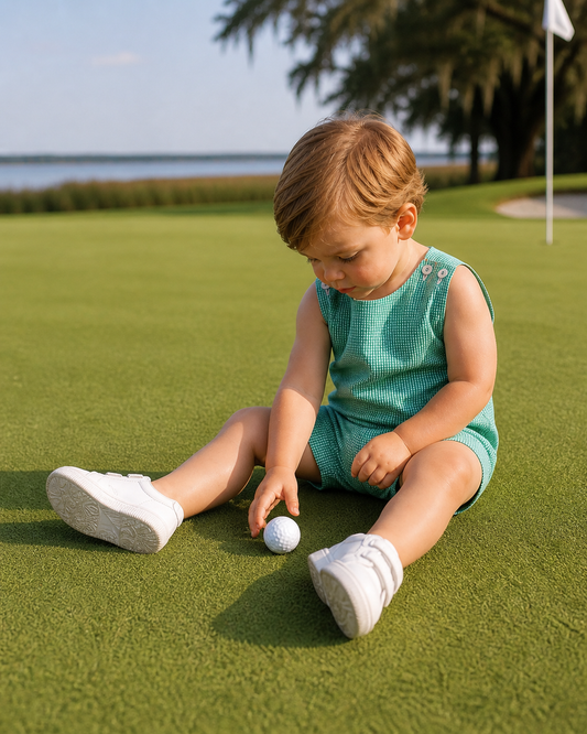 Green Gingham Romper Petit Ami & Zubels