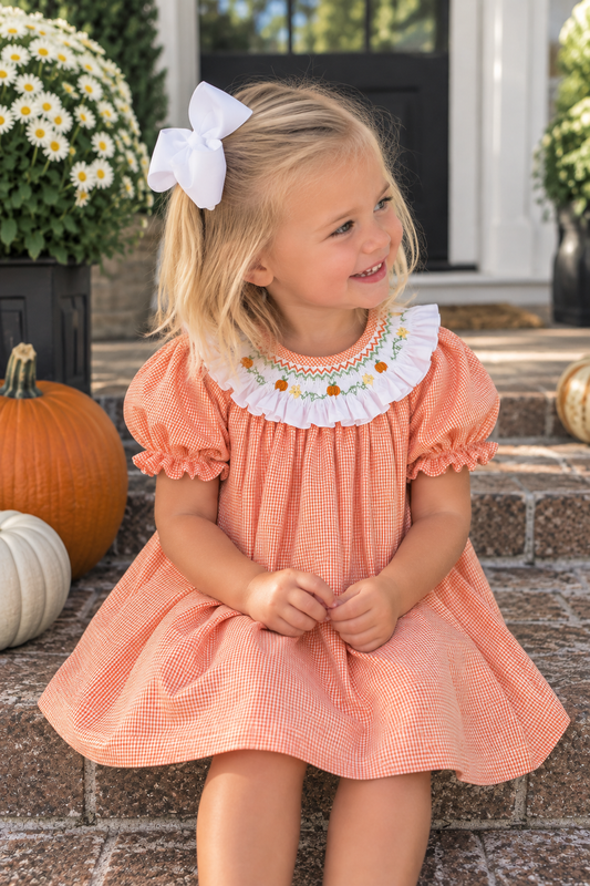 Dress with Smocked Collar and Bullion Pumpkins Petit Ami & Zubels