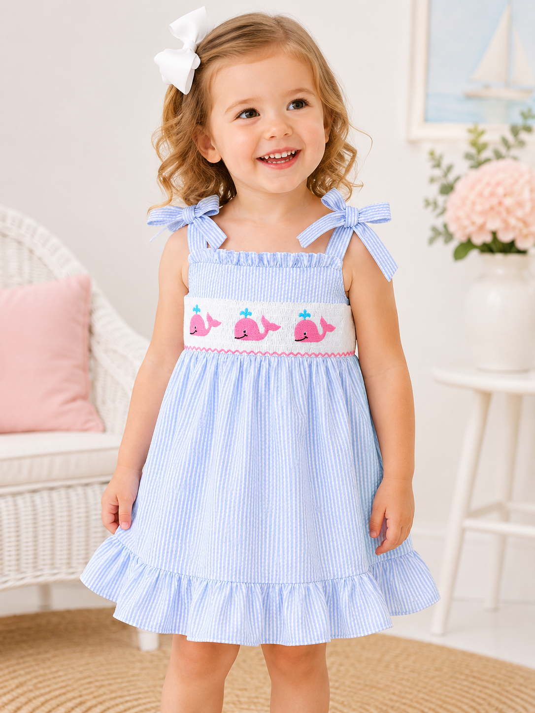 blue whale dress Embroidered Smocked Seersucker Girls Bow 4 and elegant ankle length Lorenzo Uomo Viola Black - Studio Size:XXS Petite