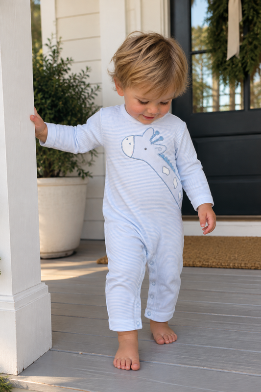 Giraffe Applique Knit Longall in Blue Petit Ami & Zubels