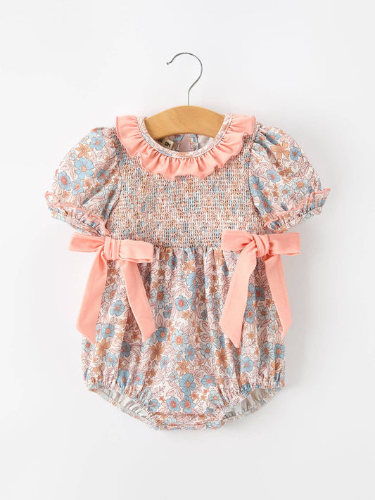 Fall Floral Baby Romper Smocked Ruffle Neck Bow Rylee Faith Designs