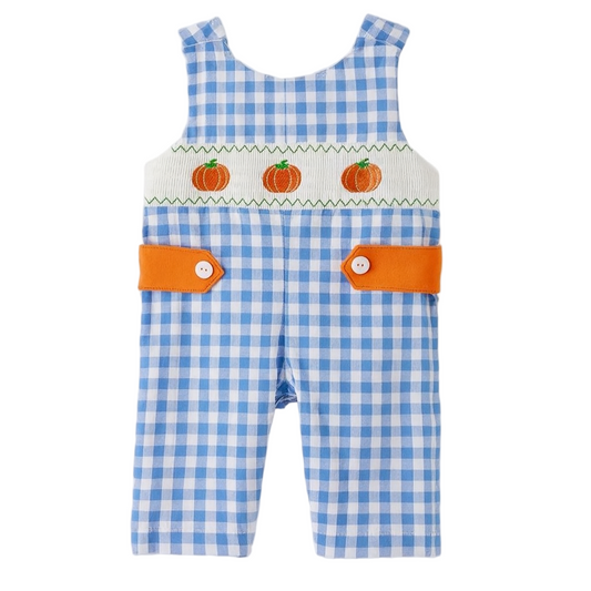 Blue gingham overalls with orange buttons and pumpkin design on a light gray background