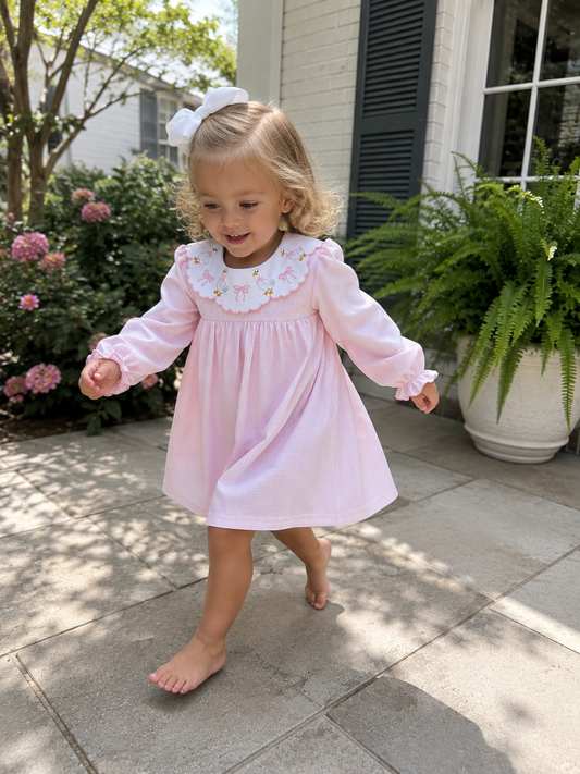 Pink Duck Embroidered Baby Girl Dress Peter Pan Collar Bow Dress Rylee Faith Designs