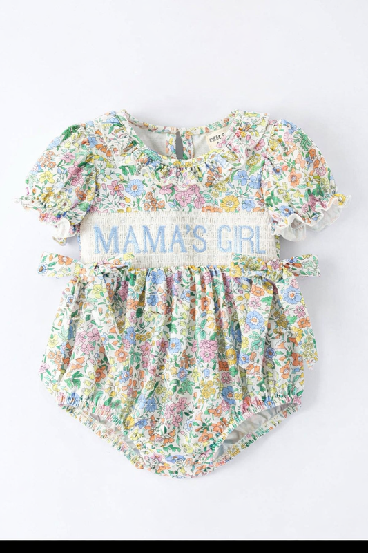"MAMA'S GILR" Embroidered Smocked Girls' Romper Rylee Faith Designs