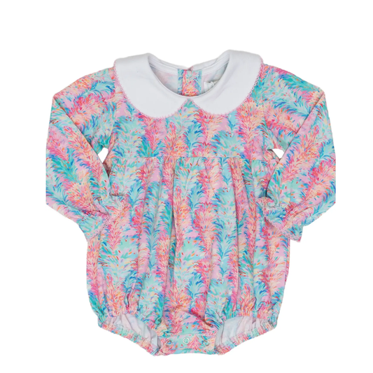 Colorful baby romper with a Christmas tree pink pattern on a white background