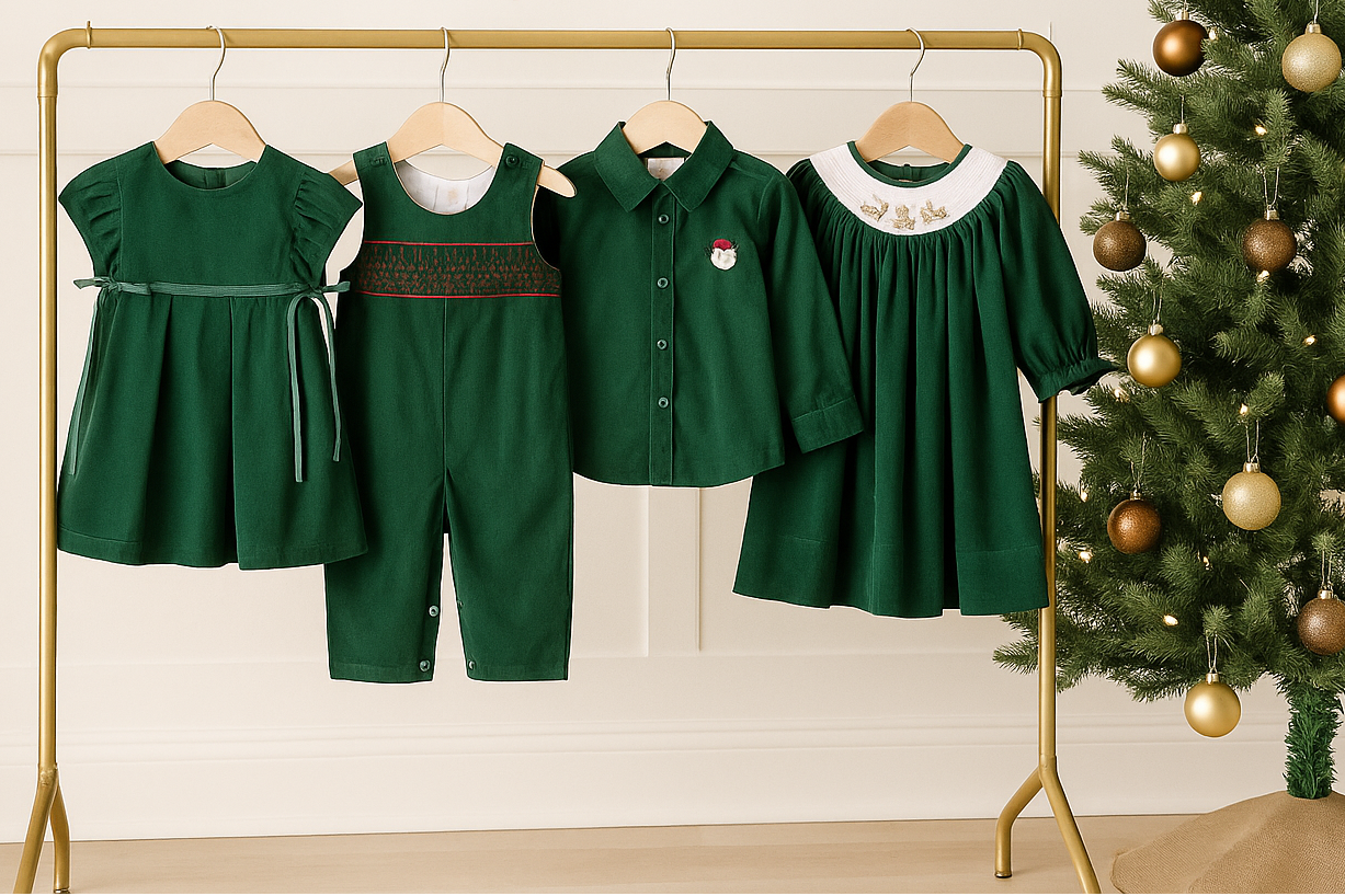 Children's green clothing on a rack with a Christmas tree in the background, introducing a kids holiday collection.