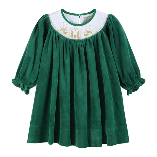 Green Velvet Nativity Smocked Dress Lil Cactus