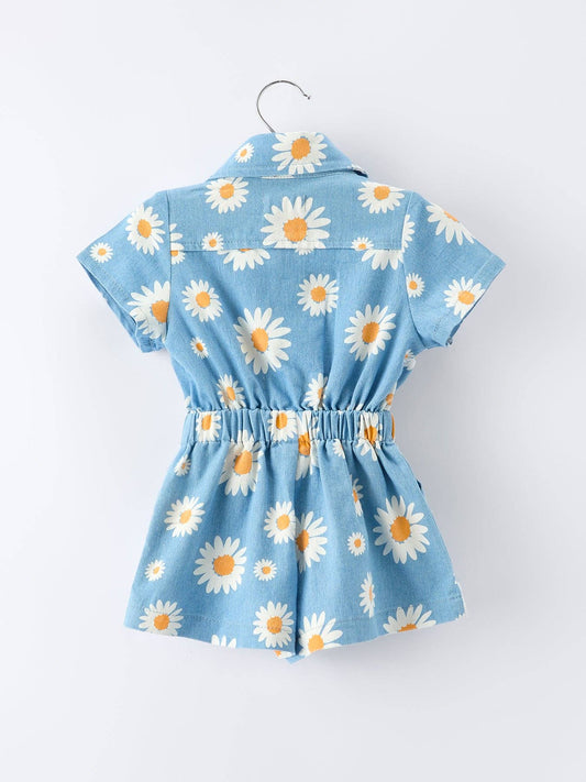 Spring Daisy Print Girls Blue Jumpsuit Rylee Faith Designs