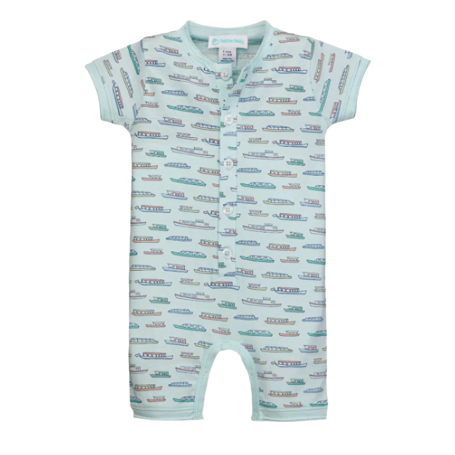 Baby romper with boat pattern on a white background
