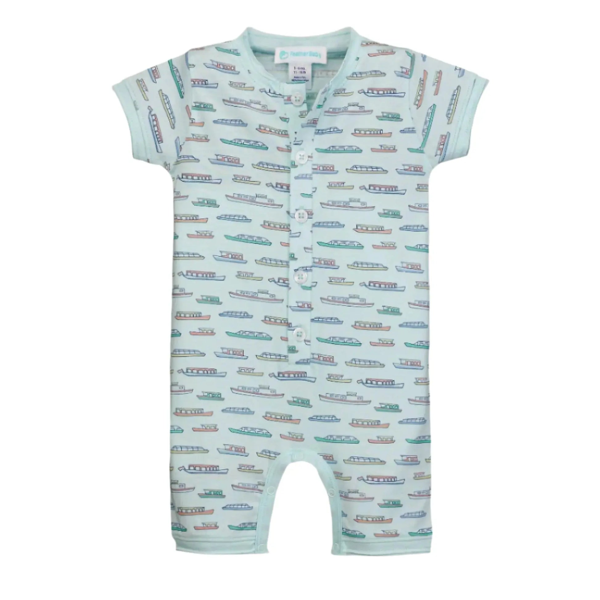 Baby romper with boat pattern on a white background