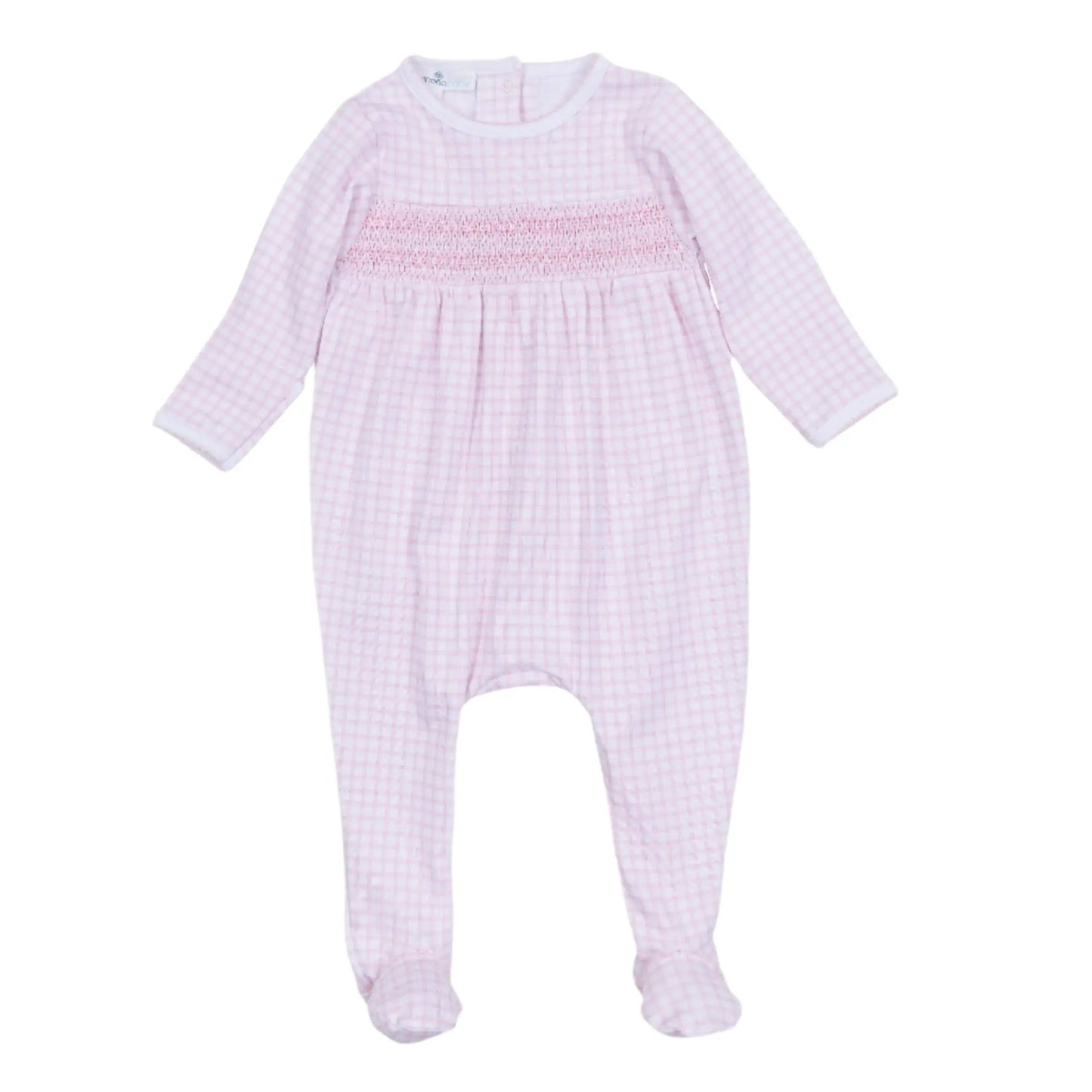 Pink checkered baby onesie with smocked waistband on a white background