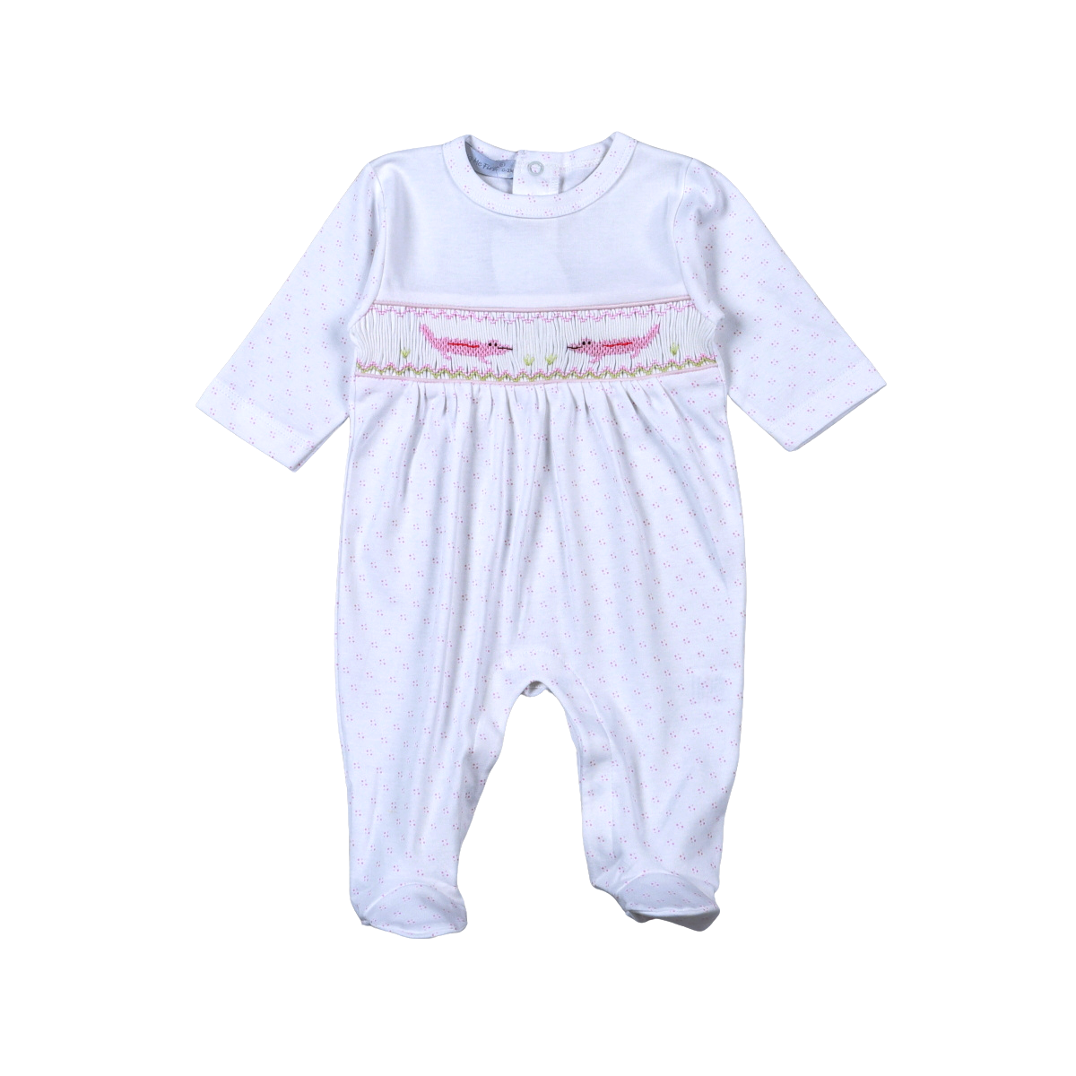 PAL-614 PINK ALLIGATOR HAND SMOCKED PIMA FOOTIE Hug Me First