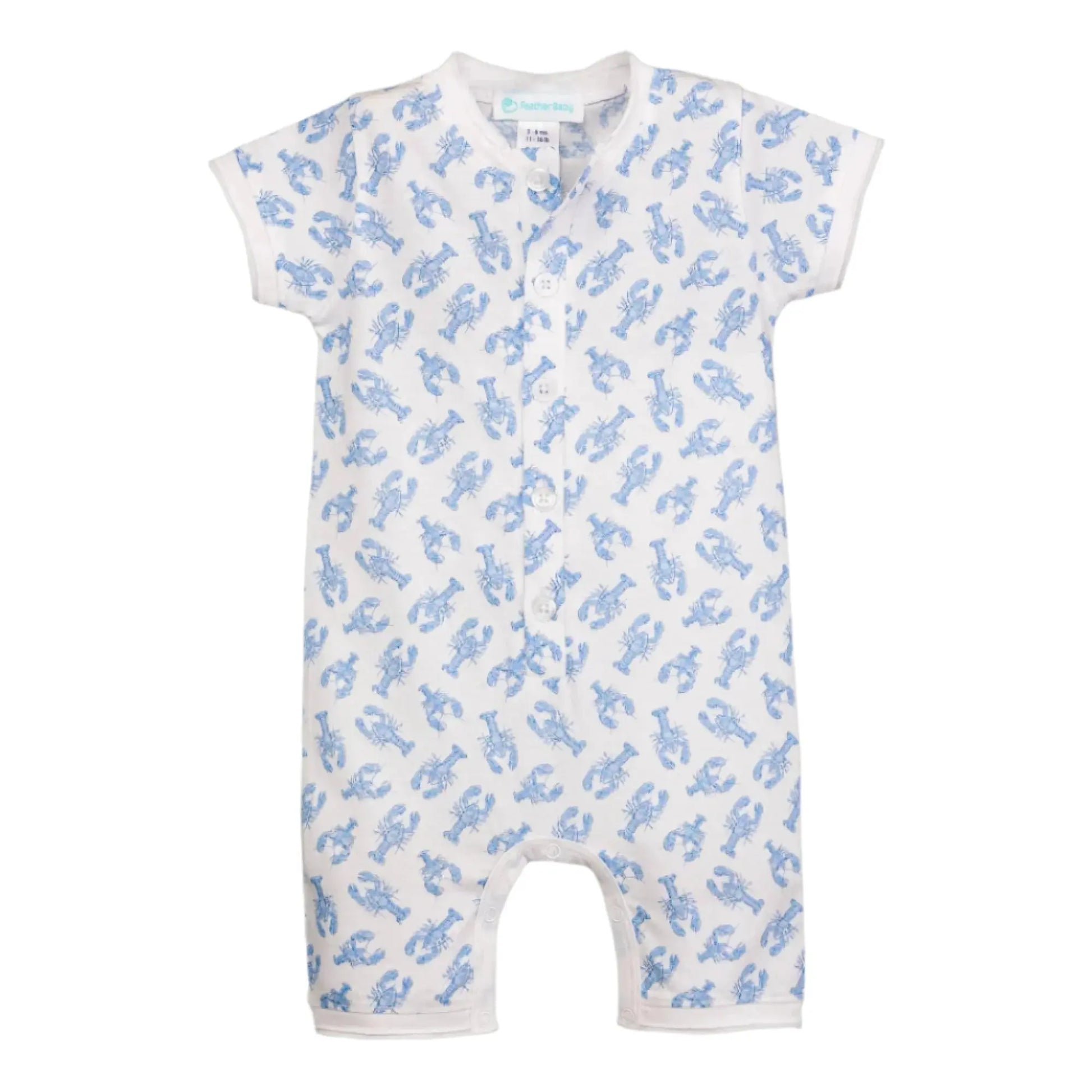 Baby romper with blue lobsters pattern on a white background
