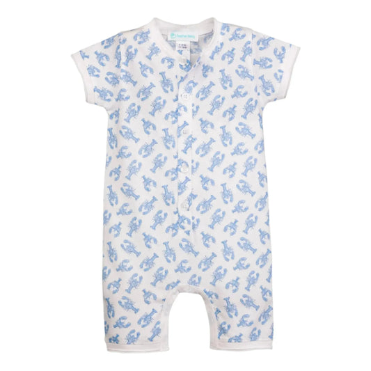 Baby romper with blue lobsters pattern on a white background