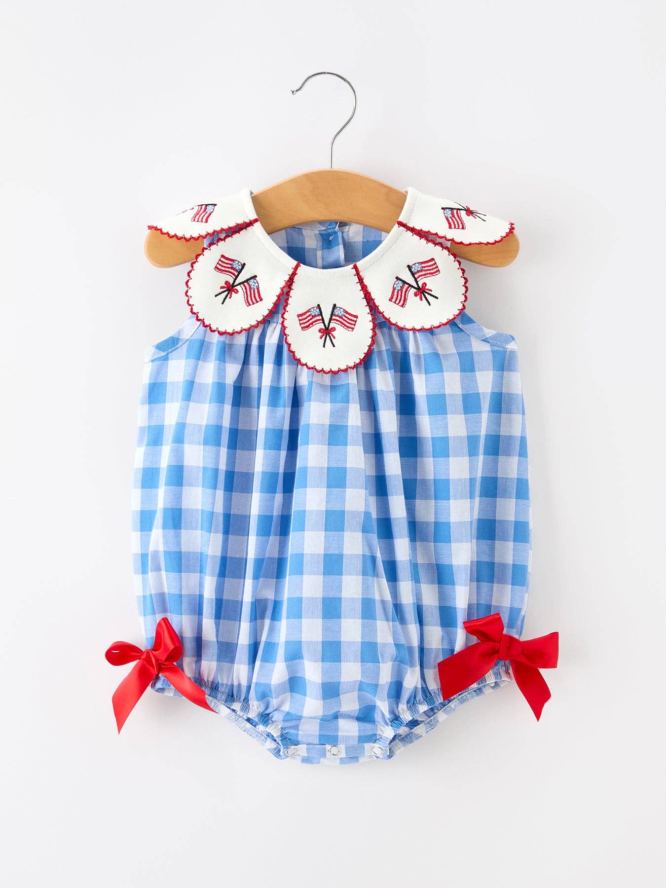 Girls 4th of July Plaid Romper Bow Embroidery Petals Collar Rylee Faith Designs