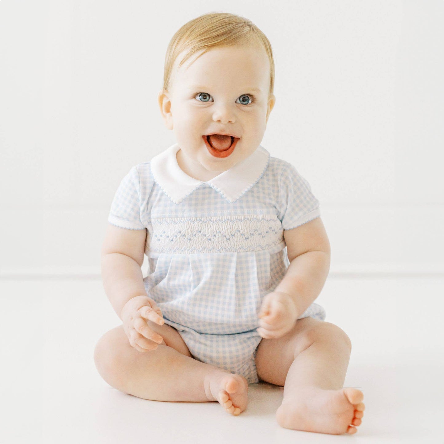 Mini Checks Smocked Collared S/S Bubble - Blue Magnolia Baby