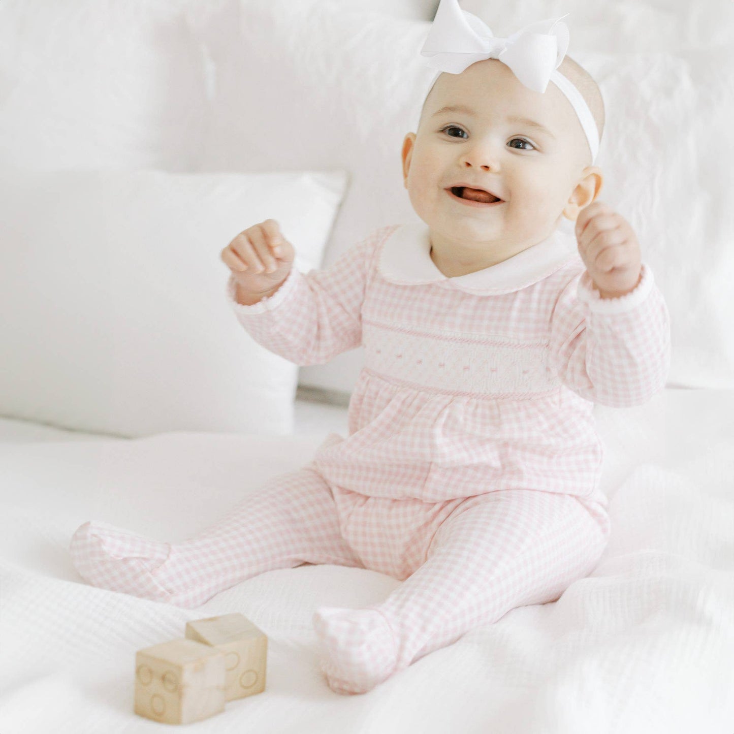 Mini Checks Smocked Collared Footie - Pink Magnolia Baby