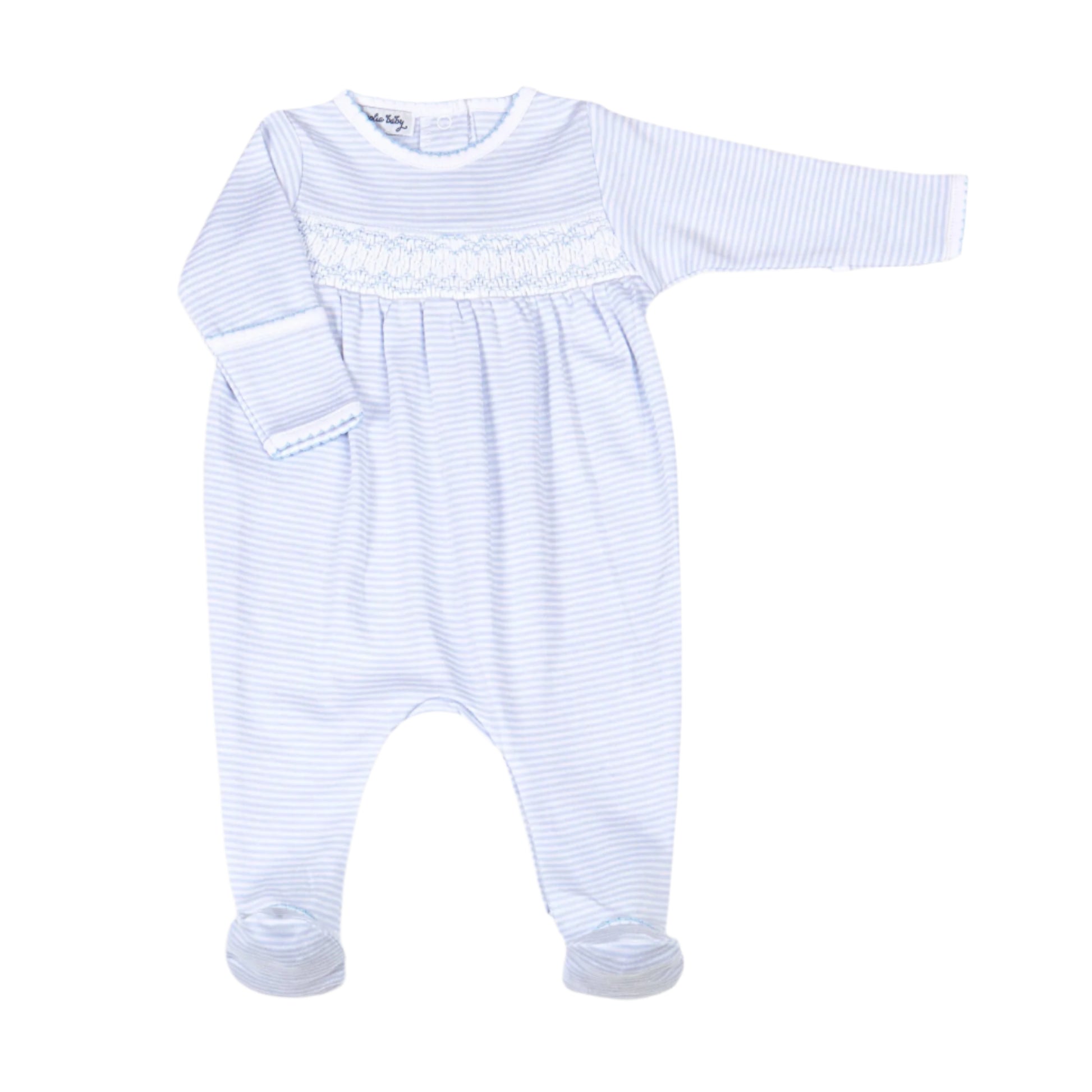 Baby romper with smocked neckline on a white background