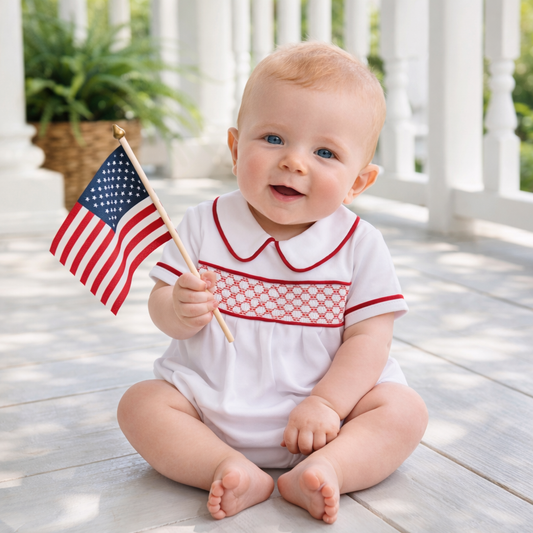 Red and White Essentials Smocked Short Sleeve Unisex Bubble Magnolia Baby