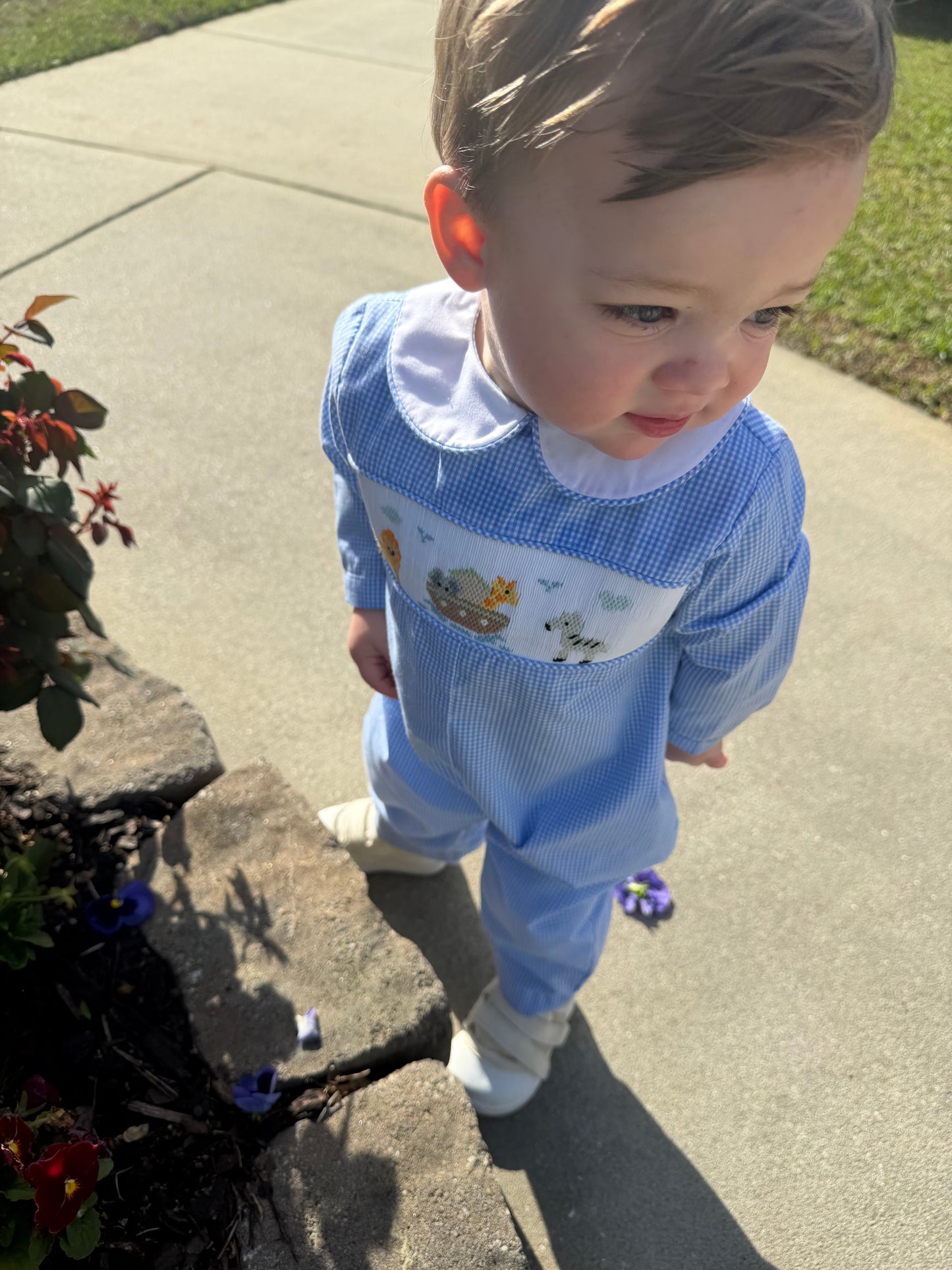 Noah’s Ark Smocked Long Sleeve Romper Petit Ami & Zubels