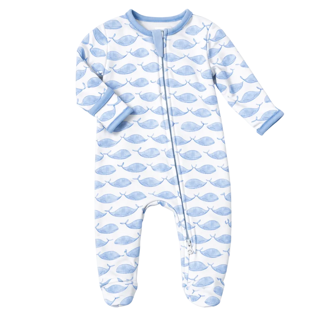 Azure Whales Print Zip Footie - Light Blue Magnolia Baby
