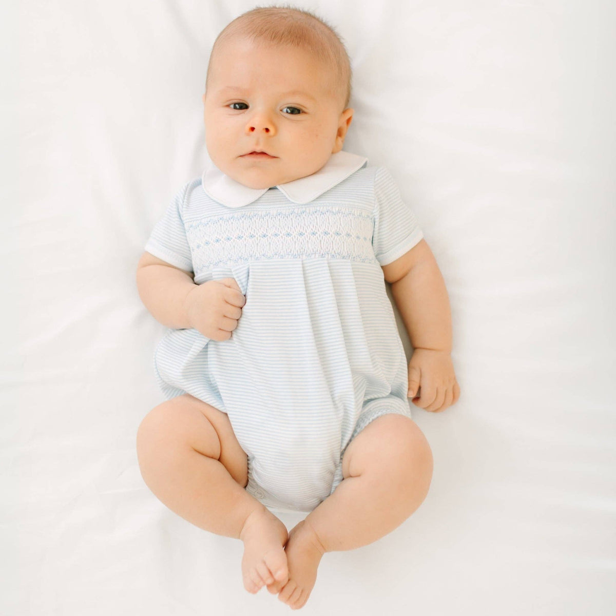 Benjamin Smocked Short Sleeve Bubble - Light Blue Magnolia Baby