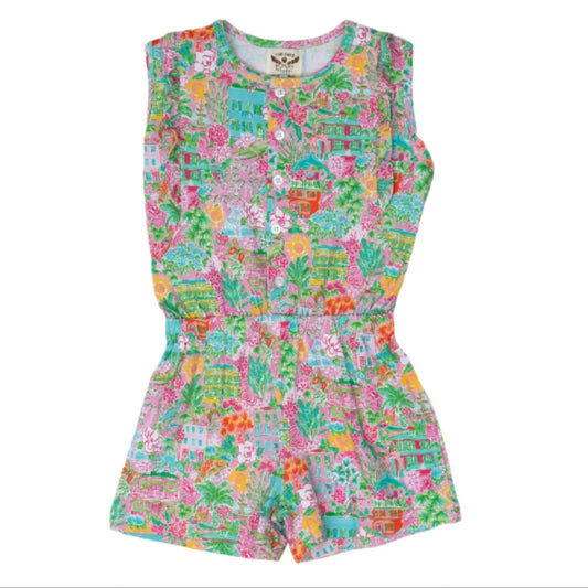 Colorful charleston downtown patterned romper on a white background