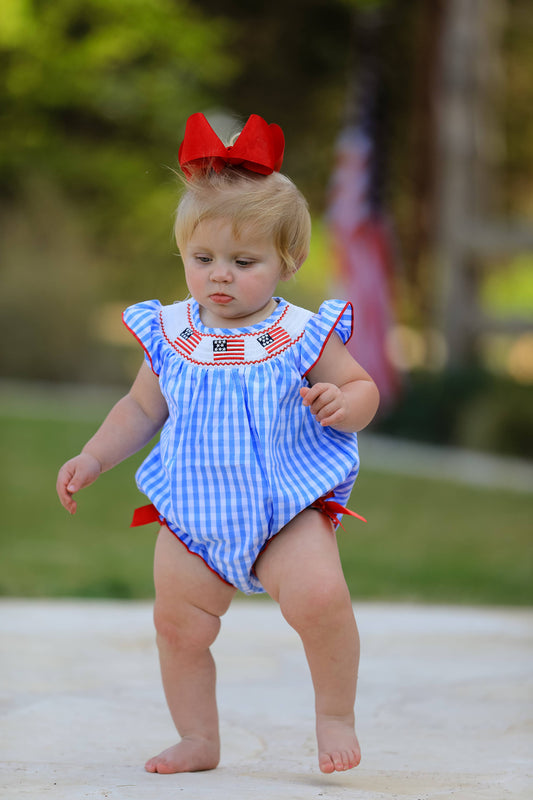 4th of july Flag Embroidery Smocking Girls Romper Rylee Faith Designs