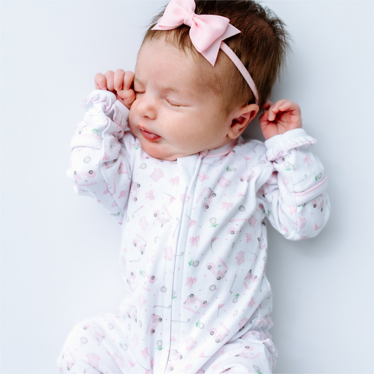Little Golfer Print Ruffle Zip Footie - Pink Magnolia Baby