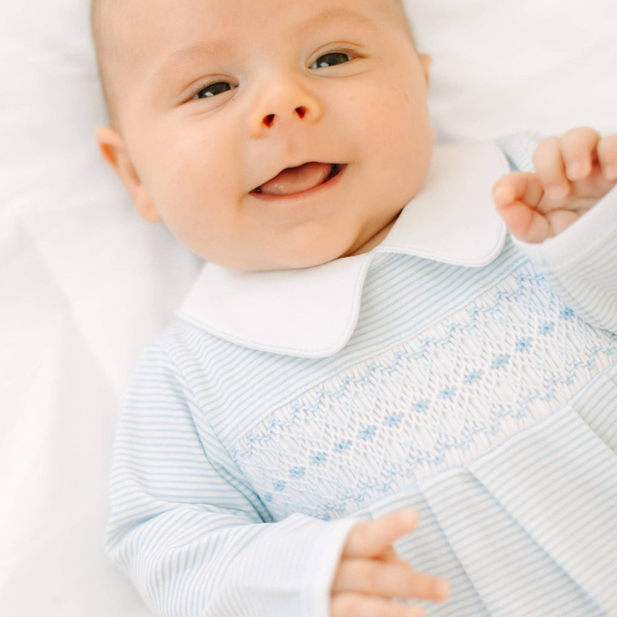 Benjamin Smocked Long Sleeve Bubble - Light Blue Magnolia Baby