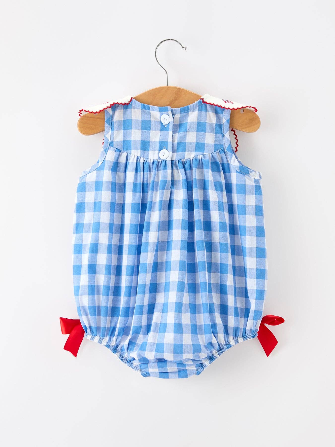 Girls 4th of July Plaid Romper Bow Embroidery Petals Collar Rylee Faith Designs