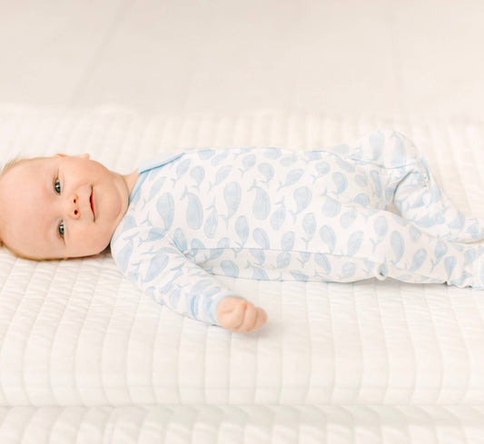 Azure Whales Print Zip Footie - Light Blue Magnolia Baby